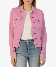 Load image into Gallery viewer, Introducing the Lavender Denim Jacket by Kut from the Kloth. This cropped style features a fray hem for added detail. The lavender color adds a touch of vibrancy to any outfit. Elevate your wardrobe with this must-have piece.&nbsp;
