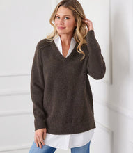 Load image into Gallery viewer, Our top-selling sweater is now available in a luxurious brown shade! It features a contrasting shirt hem and a collared design, providing an effortlessly chic layered appearance.
