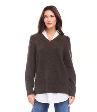 Load image into Gallery viewer, Our top-selling sweater is now available in a luxurious brown shade! It features a contrasting shirt hem and a collared design, providing an effortlessly chic layered appearance.
