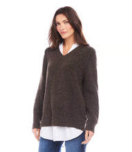 Load image into Gallery viewer, Our top-selling sweater is now available in a luxurious brown shade! It features a contrasting shirt hem and a collared design, providing an effortlessly chic layered appearance.
