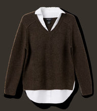 Load image into Gallery viewer, Our top-selling sweater is now available in a luxurious brown shade! It features a contrasting shirt hem and a collared design, providing an effortlessly chic layered appearance.
