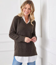 Load image into Gallery viewer, Our top-selling sweater is now available in a luxurious brown shade! It features a contrasting shirt hem and a collared design, providing an effortlessly chic layered appearance.
