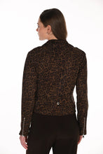 Load image into Gallery viewer, A woman shown from the back wearing a cropped long-sleeve jacket with a brown and black animal print pattern, paired with dark brown pants, against a plain white background.
