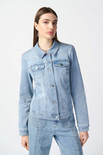 Load image into Gallery viewer, Elevate your denim game with this fitted jacket adorned with sparkling silver rhinestones. The classic shirt collar and cuffed long sleeves exude sophistication, while the shiny nickel buttons and two patch pockets with flaps provide both style and functionality.  Color - Light blue. Denim. Tiny sparkling rhinestones. Shirt collar. Cuff sleeves. Two patch pockets. Unlined.
