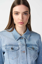 Load image into Gallery viewer, Elevate your denim game with this fitted jacket adorned with sparkling silver rhinestones. The classic shirt collar and cuffed long sleeves exude sophistication, while the shiny nickel buttons and two patch pockets with flaps provide both style and functionality.  Color - Light blue. Denim. Tiny sparkling rhinestones. Shirt collar. Cuff sleeves. Two patch pockets. Unlined.
