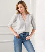 Load image into Gallery viewer, Buttery-soft sweater knit shapes this wool-blend cardigan detailed with statement-making puff sleeves. This cardigan is versatile enough for office hours, brunch and beyond. Color- Light heather gray. Puff sleeve. Elbow length. Button down. Fabric -58% Acrylic. 27% Nylon. 10% Wool. 5% Spandex. Care- Dry clean.

