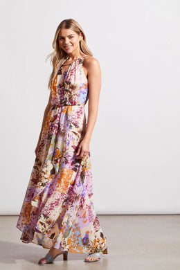 Cut from floaty chiffon fabric, this maxi dress will leave you feeling light as a cloud. The stunning array of colors and the design, along with, the keyhole neckline enhanced with a gold bar embellishment, create a dress that will make a beautiful statement when worn.