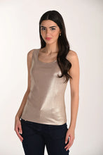 Load image into Gallery viewer, Woman wearing a gold tank top and black pants against a white background.
