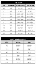 Load image into Gallery viewer, Size chart for denim with measurements in inches and centimeters
