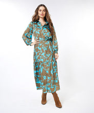 Load image into Gallery viewer, This Liva Long Expressive Roots Dress by EsQualo offers a flattering fit with sophisticated details. The unique &quot;Expressive Roots&quot; print provides a sophisticated style for dressy and casual occasions. Elevate your look with complementary jewelry or complete the ensemble with a denim jacket. This dress is sure to become a treasured addition to your wardrobe.  Color- Peacock blue and brown. Long sleeve. Collared. Button down. Tie waist.
