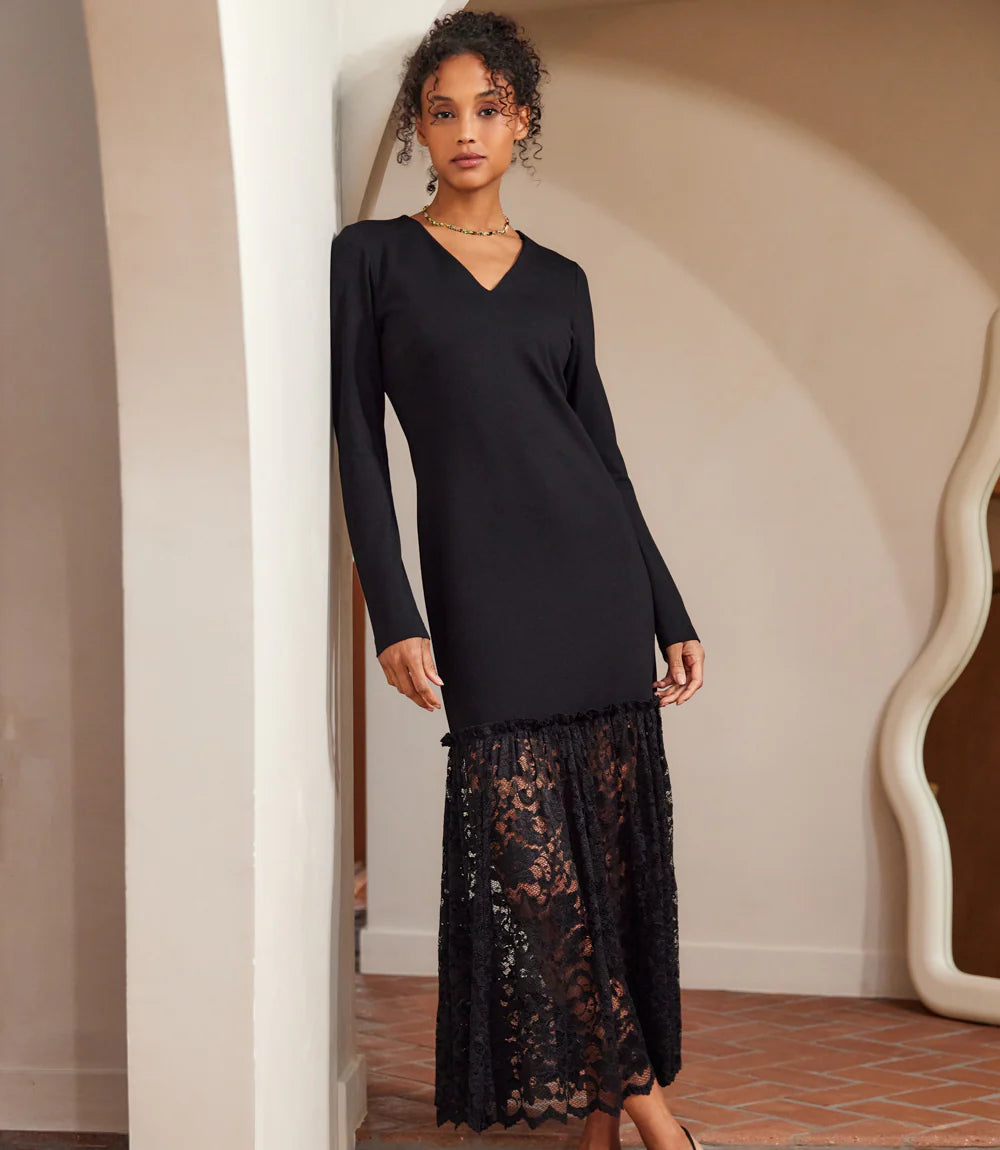 karen kane lace dress Final Sale Lylah Long Sleeve Contrast V-Neck Column in Black 70s inspired dress Size:Intelligent Hand wash cool Pink Gold Barefoot Sandals