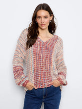 Load image into Gallery viewer, A woman wearing a multicolor knit sweater with blue jeans, standing against a plain white studio background.
