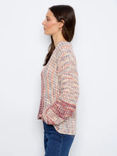 Load image into Gallery viewer, A woman shown in side profile wearing a loose, chunky knit sweater with a multicolor pattern paired with blue jeans, against a plain white background.
