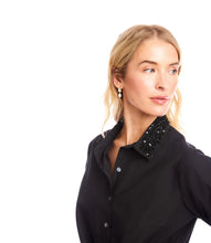 Load image into Gallery viewer, Woman wearing a long sleeve black shirt with a black rhinestone embellished collar against a white background.
