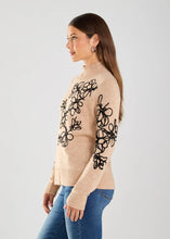 Load image into Gallery viewer, This faux-cashmere sweater features embroidered florals and offers a delicate texture and elegant appearance, suitable for all occasions. It pairs beautifully with black skirts or pants and also looks perfect when styled with denim.
