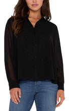 Load image into Gallery viewer, Our chiffon button-front blouse offers versatile elegance, easily transitioning from casual to formal. The back pleat detail adds a touch of sophistication, making it an essential addition to your cool weather collection.
