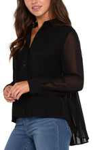 Load image into Gallery viewer, Our chiffon button-front blouse offers versatile elegance, easily transitioning from casual to formal. The back pleat detail adds a touch of sophistication, making it an essential addition to your cool weather collection.
