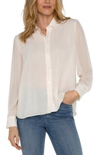 Load image into Gallery viewer, Our chiffon button-front blouse offers versatile elegance, easily transitioning from casual to formal. The back pleat detail adds a touch of sophistication, making it an essential addition to your cool weather collection.
