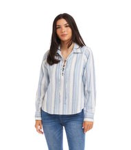 Load image into Gallery viewer, Woman wearing a striped shirt and jeans against a white background.
