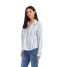 Load image into Gallery viewer, Woman wearing a striped shirt and jeans against a white background.
