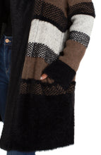 Load image into Gallery viewer, Introducing the Coatigan - the chic combination of a coat and a cardigan. A perfect style that transitions from the outdoors to the indoors, our long sleeve sweater coat features a luxe faux fur shawl collar and a color blocked pattern.&nbsp; This coatigan pairs well with denim, trousers or leggings!
