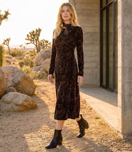 Load image into Gallery viewer, A woman stands outdoors in a desert setting wearing a dark brown velvet midi dress with a sheer black bow at the neck and black ankle boots.
