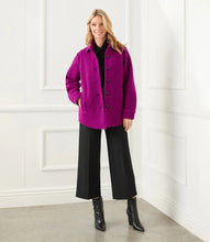 Load image into Gallery viewer, This magenta-hued shirt jacket provides timeless cold-weather styling, boasting a relaxed fit that offers effortless wear. Its vivid color ensures it stands apart from all the rest.  Color- Magenta. Long cuffed sleeve. Side functional pockets. Lined. Made of Italian fabric. 56% Wool. 40% Polyester. 4% Acrylic.
