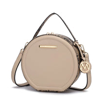 Load image into Gallery viewer, This Mallory Cross-body offers luxurious style, featuring high-quality vegan leather with gold tone embellishments and hand-painted edges in snake print. It features a top zipper closure, two interior pockets, and one interior zipper pocket with the signature Mia K. Collection Plate. This cross-body has a circle one-compartment style and adjustable strap for optimal comfort.   Color- Beige. High-quality vegan leather.
