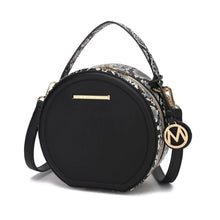 Load image into Gallery viewer, This Mallory Cross-body offers luxurious style, featuring high-quality vegan leather with gold tone embellishments and hand-painted edges in snake print. It features a top zipper closure, two interior pockets, and one interior zipper pocket with the signature Mia K. Collection Plate. This cross-body has a circle one-compartment style and adjustable strap for optimal comfort.   Color- Black. High-quality vegan leather. Luxurious gold tone embellishments. Crossbody style.
