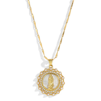 Gold necklace with a round pendant with pearls and crystals surrounding a white pearl shell with a gold Virgin Mary icon against a white background.