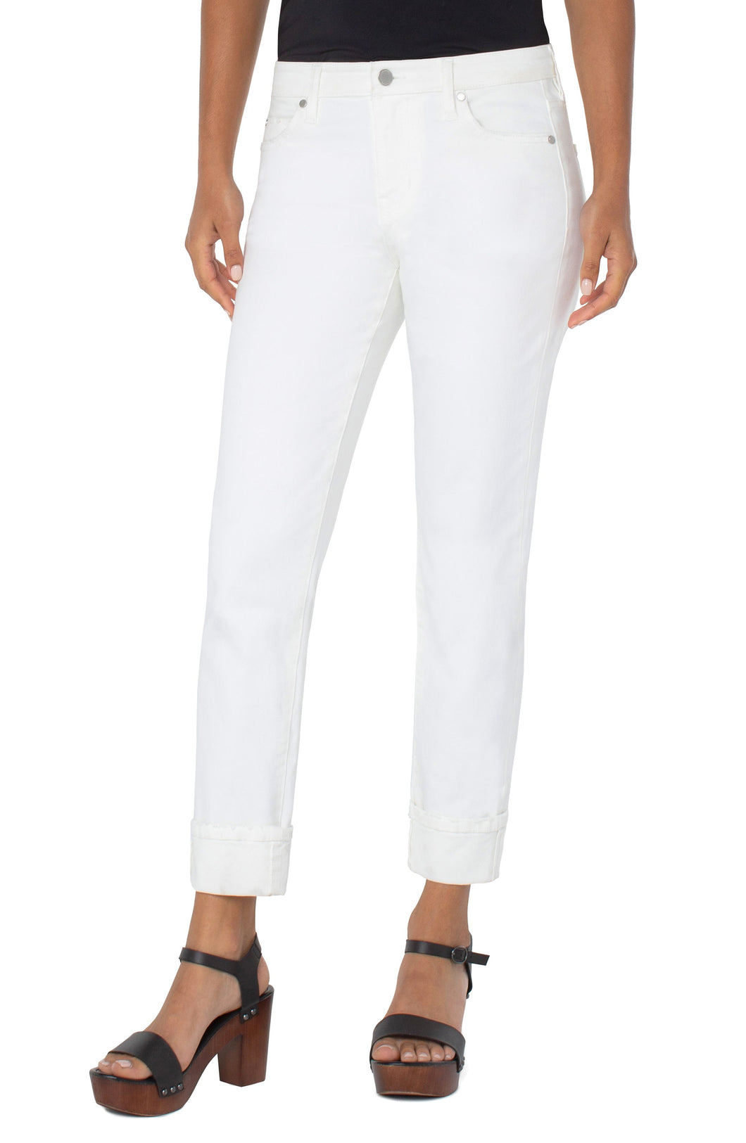 Liverpool Los Angeles now offers the famous Marley Girlfriend in WHITE! This girlfriend jean is the perfect silhouette, offering just the right amount of room from mid-thigh to the cuffed hem. Super comfortable with amazing stretch. This fabulous jean is a must for your wardrobe as it goes with essentially everything in your closet!  Color- Bone white. Mid-rise. 5 functional pocket styling details. Single logo button closure. Belt loops.
