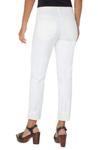 Load image into Gallery viewer, Liverpool Los Angeles now offers the famous Marley Girlfriend in WHITE! This girlfriend jean is the perfect silhouette, offering just the right amount of room from mid-thigh to the cuffed hem. Super comfortable with amazing stretch. This fabulous jean is a must for your wardrobe as it goes with essentially everything in your closet!  Color- Bone white. Mid-rise. 5 functional pocket styling details. Single logo button closure. Belt loops.
