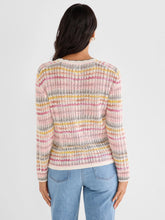 Load image into Gallery viewer, Woman wearing a colorful sweater and blue jeans against a white background.
