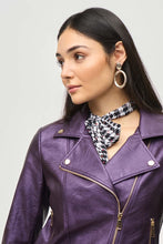 Load image into Gallery viewer, Elevate your wardrobe with the Mira Metallic Faux Leather Biker Jacket in Blackcurrant. This stunning purple jacket features a sleek notched collar, eye-catching metallic shine, and practical zippered pockets for a bold and attention-grabbing look.
