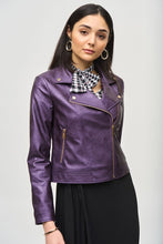 Load image into Gallery viewer, Elevate your wardrobe with the Mira Metallic Faux Leather Biker Jacket in Blackcurrant. This stunning purple jacket features a sleek notched collar, eye-catching metallic shine, and practical zippered pockets for a bold and attention-grabbing look.
