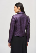 Load image into Gallery viewer, Elevate your wardrobe with the Mira Metallic Faux Leather Biker Jacket in Blackcurrant. This stunning purple jacket features a sleek notched collar, eye-catching metallic shine, and practical zippered pockets for a bold and attention-grabbing look.
