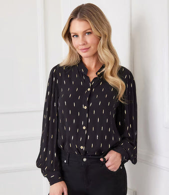 Elevate your look with this relaxed-fit top, adorned with shirred sleeves and a metallic gold flake pattern. The gold buttons add an elegant touch, making this top an ideal choice for bringing a playful flair to your wardrobe.