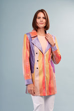 Load image into Gallery viewer, Elevate your spring and summer wardrobe with this long vegan pleather jacket, featuring beautiful, vibrant vertical shades of color and a striking metallic sheen. Stand out, express your individuality, and shine with confidence when you style this gorgeous jacket.
