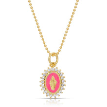 Load image into Gallery viewer, Gold necklace with a pink pendant with a gold Virgin Mary surrounded by crystals against a white background.
