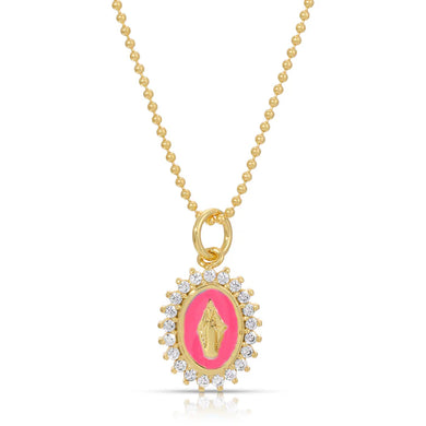 Gold necklace with a pink pendant with a gold Virgin Mary surrounded by crystals against a white background.