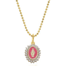 Load image into Gallery viewer, Gold necklace with a pink pendant with a gold Virgin Mary surrounded by crystals against a white background.
