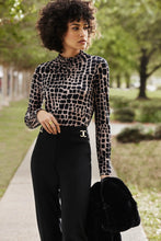 Load image into Gallery viewer, This top from Joseph Ribkoff features a distinctive animal print in neutral tones, crafted from a soft and stretchy material for optimal comfort. The ruched neckline provides a unique texture to contrast the standout pattern. A style that pairs beautifully with faux leather pants to jeans.  Dress up or wear casually. 

