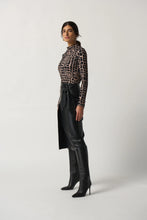 Load image into Gallery viewer, This top from Joseph Ribkoff features a distinctive animal print in neutral tones, crafted from a soft and stretchy material for optimal comfort. The ruched neckline provides a unique texture to contrast the standout pattern. A style that pairs beautifully with faux leather pants to jeans.  Dress up or wear casually. 
