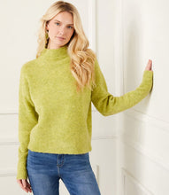 Load image into Gallery viewer, The mock neck sweater in a beautiful moss color is crafted from a soft and cozy boucle fabric that adds a touch of texture to your outfit. Its classic design is perfect for staying warm and stylish during colder months.
