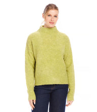 Load image into Gallery viewer, The mock neck sweater in a beautiful moss color is crafted from a soft and cozy boucle fabric that adds a touch of texture to your outfit. Its classic design is perfect for staying warm and stylish during colder months.
