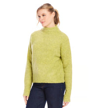 Load image into Gallery viewer, The mock neck sweater in a beautiful moss color is crafted from a soft and cozy boucle fabric that adds a touch of texture to your outfit. Its classic design is perfect for staying warm and stylish during colder months.
