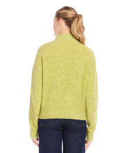 Load image into Gallery viewer, The mock neck sweater in a beautiful moss color is crafted from a soft and cozy boucle fabric that adds a touch of texture to your outfit. Its classic design is perfect for staying warm and stylish during colder months.
