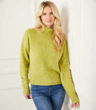 Load image into Gallery viewer, The mock neck sweater in a beautiful moss color is crafted from a soft and cozy boucle fabric that adds a touch of texture to your outfit. Its classic design is perfect for staying warm and stylish during colder months.
