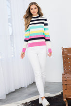 Load image into Gallery viewer, Add a vibrant touch to your wardrobe with this striped turtleneck that features a refreshing burst of spring colors. This stylish piece pairs well with both black or white pants for a dressier look, or denim for a more casual style. This stylish piece that combines flirty sophistication with a touch of vintage inspiration.   Color- White, pink, turquoise, black, yellow. Horizontal striping. Turtleneck design.
