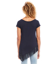 Load image into Gallery viewer, Flowing fringe trims the angled hemline of this cotton-jersey top, designed with a flattering cap sleeve silhouette. This is a perfectly fashionable top that will make a statement whenever you wear it.  Color- Navy. Cap sleeve. Fringe trim at hemline. Angled hemline. Soft jersey knit. Fabric -92% Rayon. 8% Spandex.
